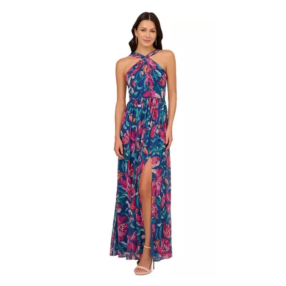 Adrianna Papell Navy Multi Floral Printed Chiffon Halter Gown Sz.4 NWT